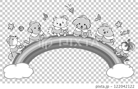 Illustration of smiling dogs and a rainbow (for training classes, dog kindergartens, dog schools, etc.) 122042122