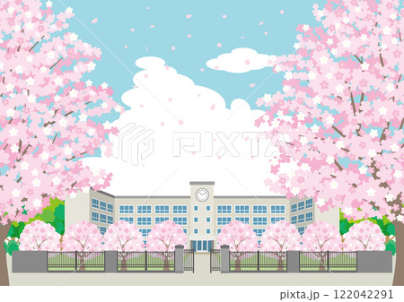 桜が咲く春の校舎のイラスト 122042291