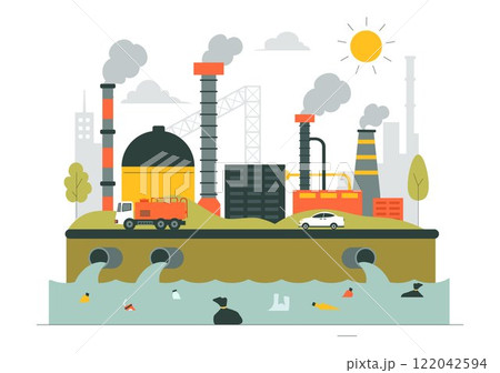 Water Pollution Vector Illustration Depicting an Environmental Disaster Caused by Industrial Production with a Factory Emitting Smoke Through Chimneys Water Pollution Vector Illustration Depicting an Environmental Disaster Caused by Industrial Production with a Factory Emitting Smoke Through Chimneys 122042594