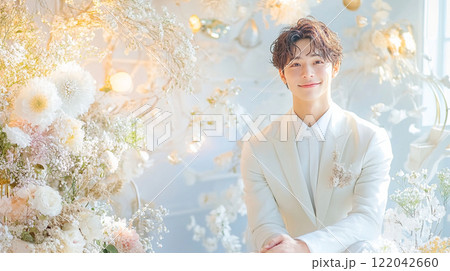 花の中で花嫁を待つ男性 122042660
