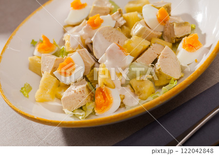 Image of tasty chicken salad with egg and pineapple Image of tasty chicken salad with egg and pineapple 122042848