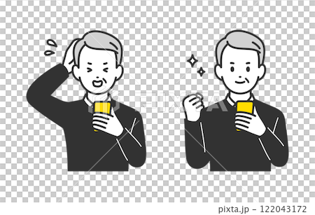 Set of senior men and elderly people who are in a hurry and making a fist pump while looking at their smartphone [People vector illustration material] 122043172