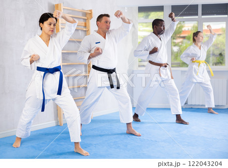 Middle-aged woman attendee of karate classes practicing kata standing in row with others Middle-aged woman attendee of karate classes practicing kata standing in row with others 122043204