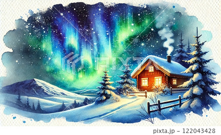 Aurora Over Cozy Cabin in Snowy Landscape 122043428