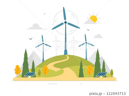 Wind Turbine Vector Illustration Featuring a Sustainable and Renewable Energy Concept with a Green Nature Landscape and Mountain Background 122043713