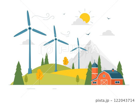 Wind Turbine Vector Illustration Featuring a Sustainable and Renewable Energy Concept with a Green Nature Landscape and Mountain Background Wind Turbine Vector Illustration Featuring a Sustainable and Renewable Energy Concept with a Green Nature Landscape and Mountain Background 122043714