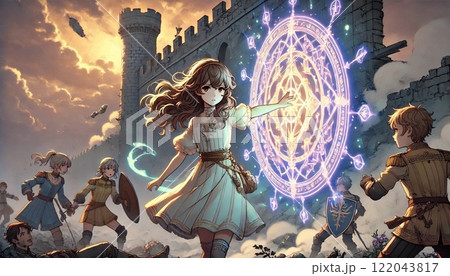 戦場で魔法陣を発動する少女と戦士たち 戦場で魔法陣を発動する少女と戦士たち 122043817