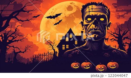 Frightening Halloween Frankenstein Monster, Stalking the Night with a Creepy Gaze 122044047