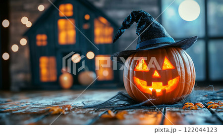 Spooky Jack-O-Lantern with Witch Hat Placed Before a Haunted House 122044123