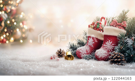 Charming Christmas Stockings with Red Ribbons and Gifts on a Festive Winter Background 122044163