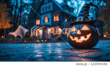 Witch-Hatted Jack-O-Lantern Casting Shadows in Front of a Ghostly Haunted House Witch-Hatted Jack-O-Lantern Casting Shadows in Front of a Ghostly Haunted House 122044168