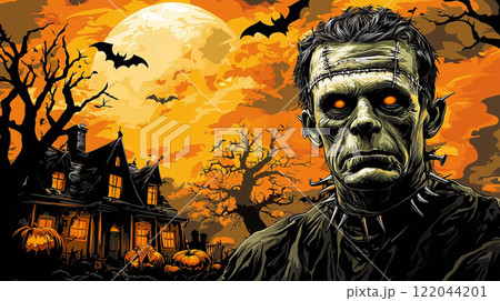 Frightening Halloween Frankenstein Creature Wandering the Dark, Thunderous Night 122044201