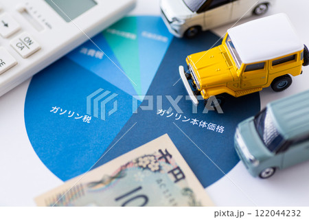 ガソリン代金に占める税金の割合グラフと自動車 122044232
