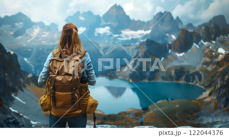 Determined woman, distinguished by her photography gear and substantial backpack 122044376