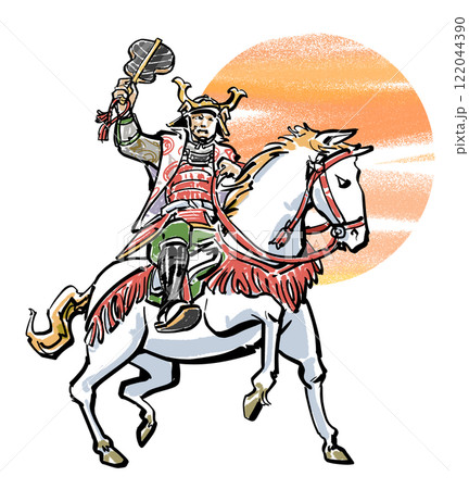 太陽を背にして軍配をかざす将軍 122044390