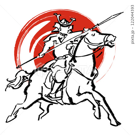 白馬に乗る武者-赤背景 白馬に乗る武者-赤背景 122044393