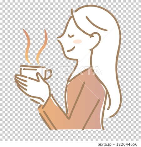 温かい飲み物の香りを楽しむ女性：イラスト素材 122044656