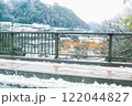 猿模様の柵と雪の積もった歩道橋 122044827