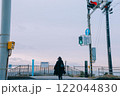 海に向かって横断歩道を歩く女性の後ろ姿 122044830