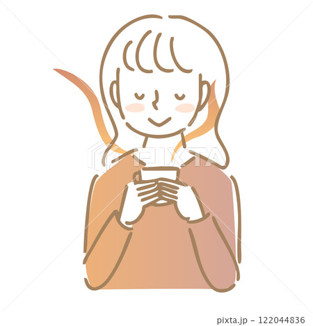 温かい飲み物の香りを楽しむ女性:イラスト素材 温かい飲み物の香りを楽しむ女性:イラスト素材 122044836