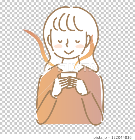 温かい飲み物の香りを楽しむ女性:イラスト素材 温かい飲み物の香りを楽しむ女性:イラスト素材 122044836