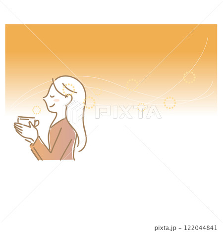 温かい飲み物の香りを楽しむ女性：イラスト素材 122044841