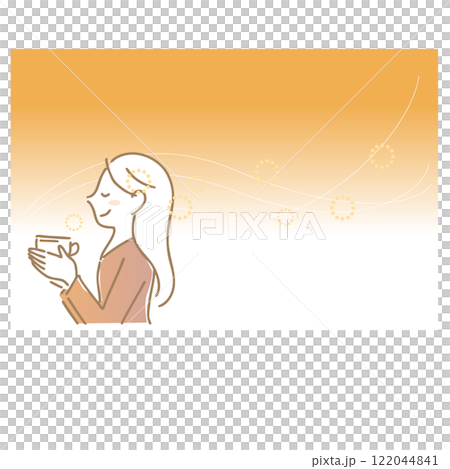温かい飲み物の香りを楽しむ女性：イラスト素材 122044841