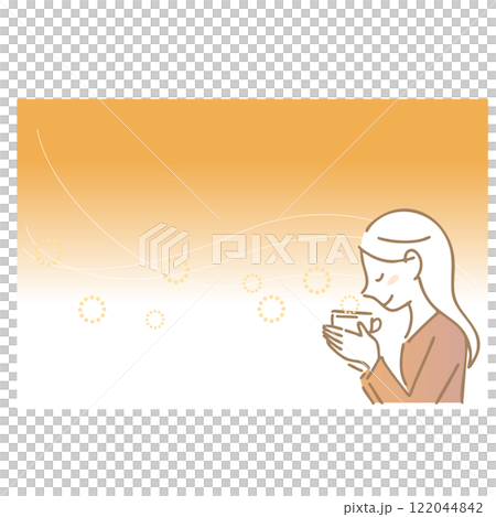 温かい飲み物の香りを楽しむ女性：イラスト素材 122044842