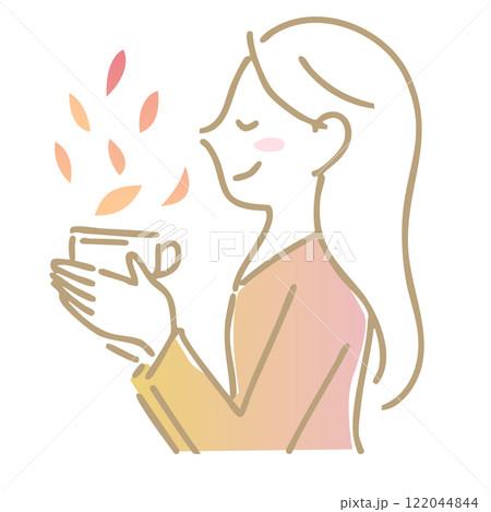 温かい飲み物の香りを楽しむ女性：イラスト素材 122044844