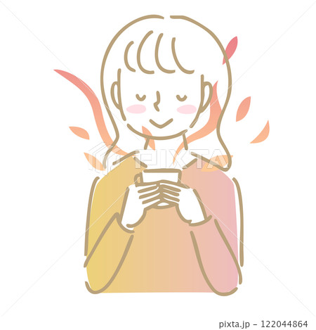温かい飲み物の香りを楽しむ女性:イラスト素材 温かい飲み物の香りを楽しむ女性:イラスト素材 122044864