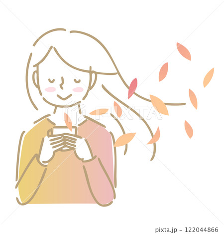 温かい飲み物の香りを楽しむ女性：イラスト素材 122044866