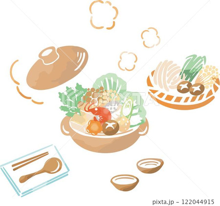 冬　鍋　鍋物　おなべ　水彩　手描き　フード　食べ物　食事　料理　日本　イラスト素材 122044915