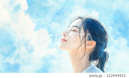 外で深呼吸をする女性（イラスト） 122044932