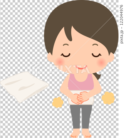 腹巻を着けてお腹を温める女性 腹巻を着けてお腹を温める女性 122044976