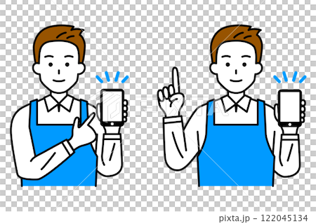 A man in an apron showing and explaining a smartphone screen - set A man in an apron showing and explaining a smartphone screen - set 122045134
