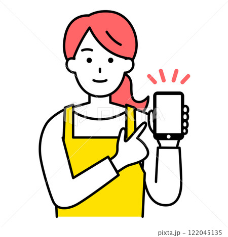 スマートフォンの画面を指差すエプロン姿の女性 122045135