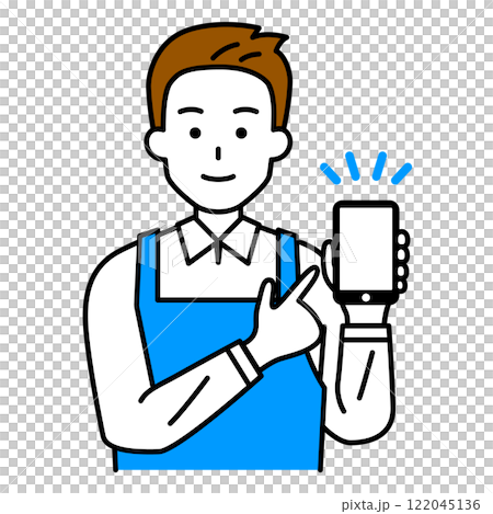 A man in an apron pointing at a smartphone screen A man in an apron pointing at a smartphone screen 122045136