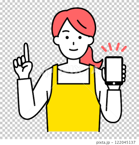 A woman in an apron showing a smartphone screen and explaining A woman in an apron showing a smartphone screen and explaining 122045137
