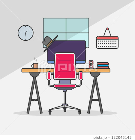 Flat design vector illustration of modern office interior with designer desktop showing design application with interface icons and elements in minimalistic style and color Flat design vector illustration of modern office interior with designer desktop showing design application with interface icons and elements in minimalistic style and color 122045143