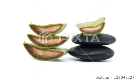 Aloe Vera Slices and Zen Stones on White Background 122045327
