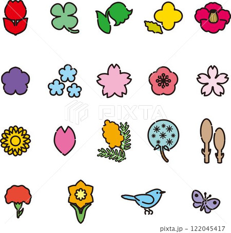 花　緑　アイコン　あしらい　飾り　ピクトグラム　おしゃれ　かわいい　シンプル　線　イラスト素材セット 122045417