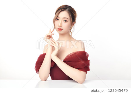 Beautiful young asian woman with clean fresh skin on white background, Face care, Facial treatment, Cosmetology, beauty and spa, Asian women portrait. Beautiful young asian woman with clean fresh skin on white background, Face care, Facial treatment, Cosmetology, beauty and spa, Asian women portrait. 122045479