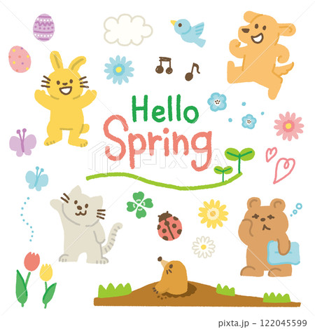 春　動物　花　虫　イラスト　手書き　セット 122045599