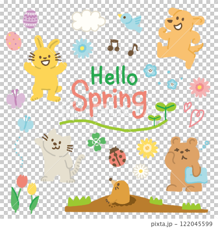 春　動物　花　虫　イラスト　手書き　セット 122045599