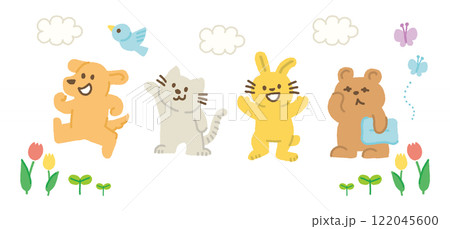 春が来たことを喜ぶ動物たちのイラストセット 122045600
