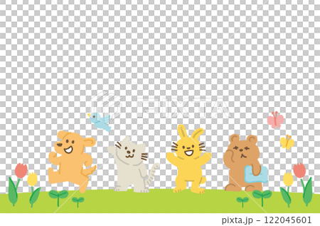 春が来たことを喜ぶ動物たちの背景イラスト　手書き 122045601