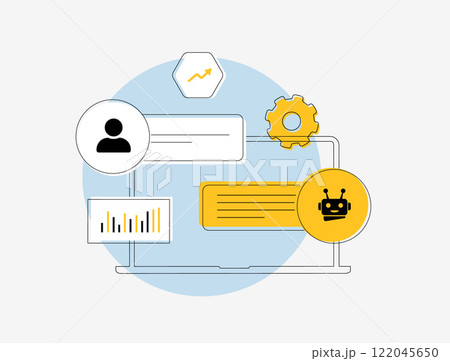Chatbot Marketing for Lead Generation. Implement chatbots to engage visitors and generate leads through conversations. Chatbot gathering user info and qualifying leads outline vector illustration 122045650