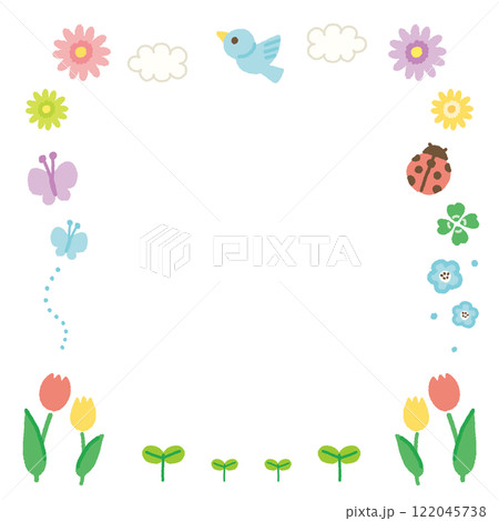 カラフルでかわいい春のフレームイラスト 正方形 手書き カラフルでかわいい春のフレームイラスト 正方形 手書き 122045738