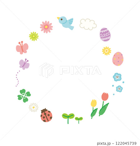 カラフルでかわいい春のフレームイラスト　丸　手書き 122045739