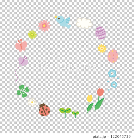 カラフルでかわいい春のフレームイラスト　丸　手書き 122045739